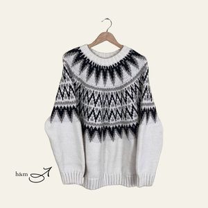 H&M, jacquard chunky knit, everyday fashion, sweater, white/beige/black, large